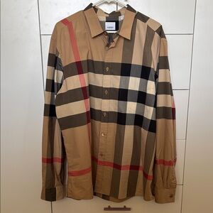 Burberry Men's Beige and Red Plaid Shirt